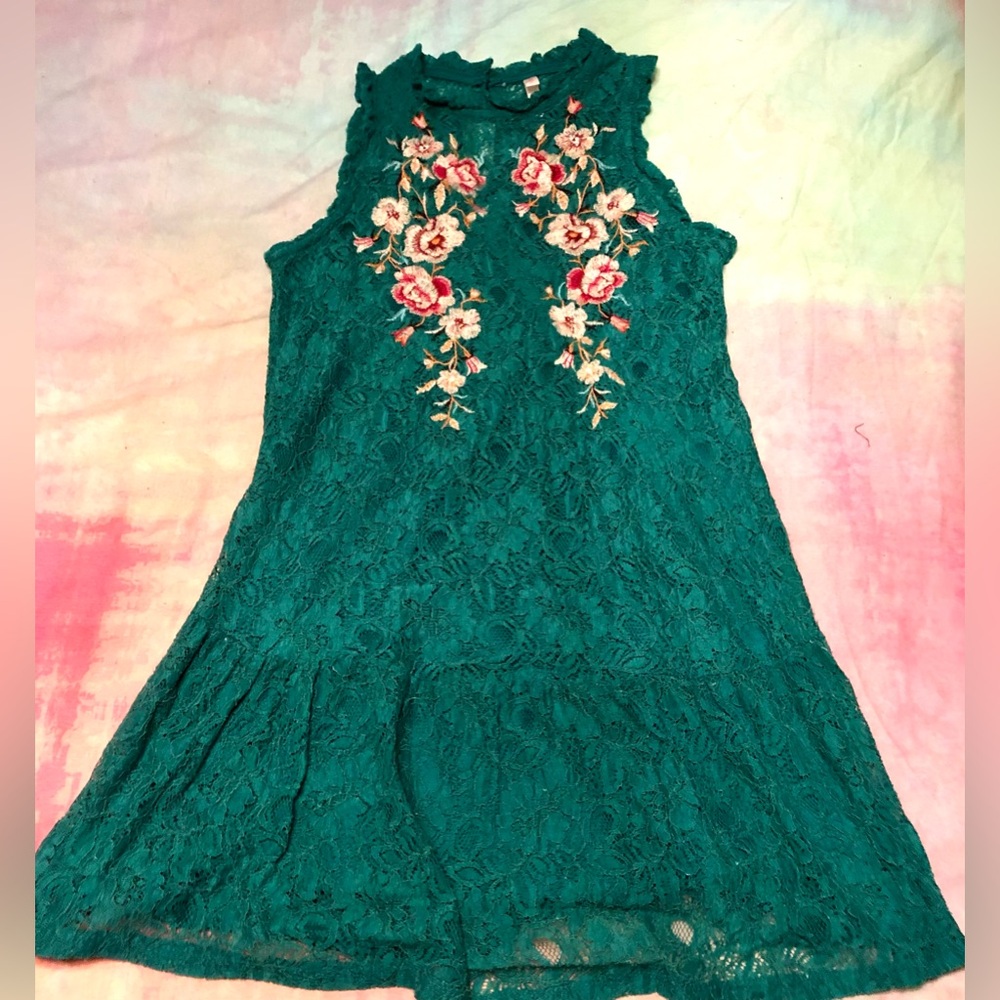 Turquoise lace dress with embroidered roses small